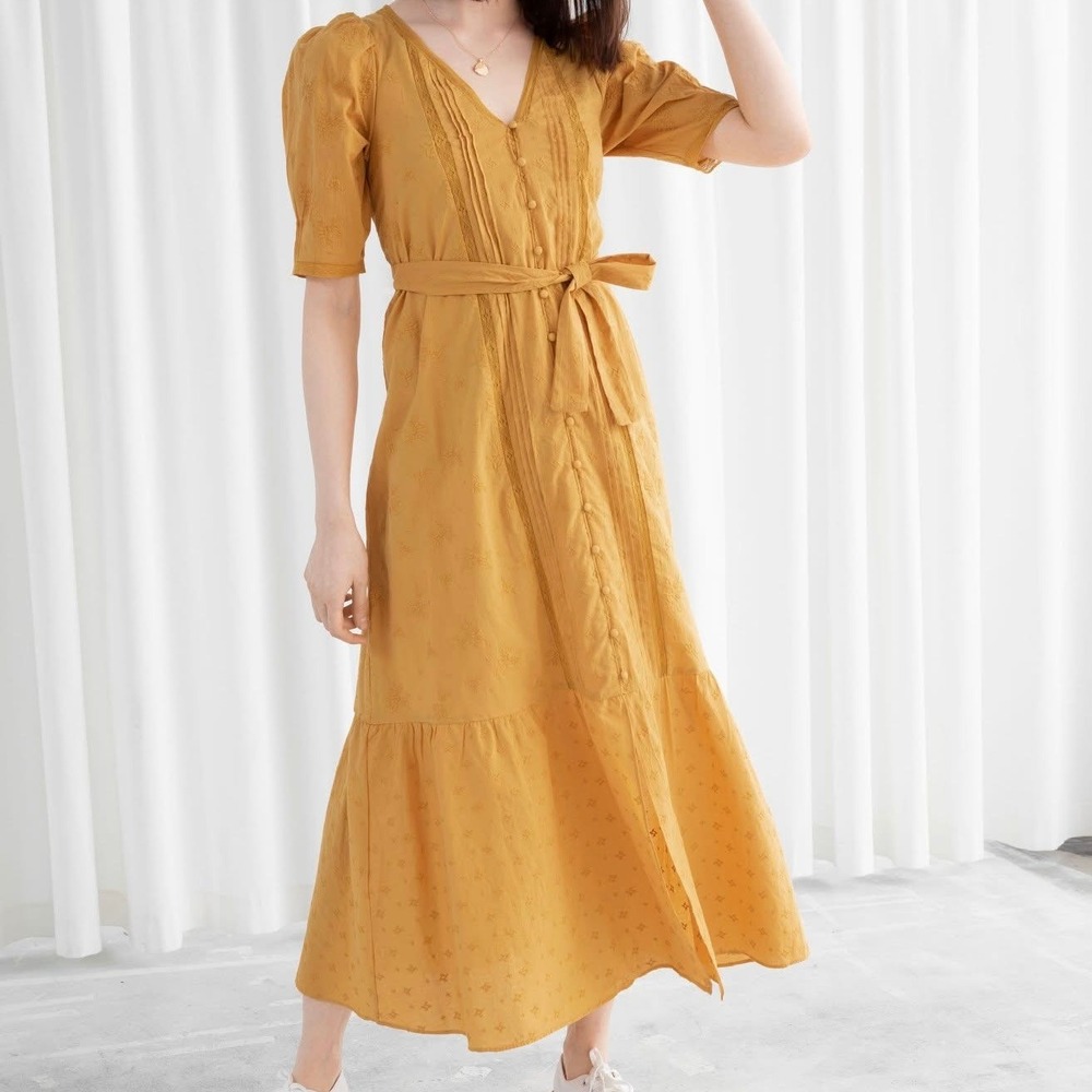 & Other Stories Dress Size 0 Yellow Cotton Summer Maxi Floral Prairie Boho